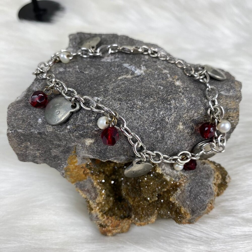 Joy to the World Silver Tone Bracelet Red Bead Pearl 7-8"